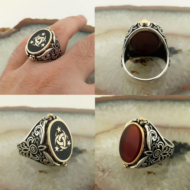 925 K Silver Double Sided Agate Stone-set Teşkilat-ı Mahsusa Men's Ring