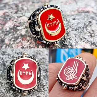 925 Ayar Gümüş Gök Türkçe Türk Yazılı Ay Yıldız ve Osmanlı Tuğrası Çift Taraflı Erkek Yüzük