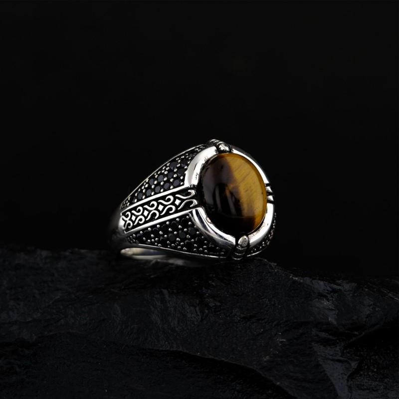 925 K Silver Tiger's Eye Stone-set Mikro Stone Detailed Men's Ring