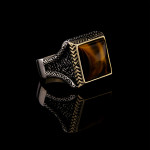 925 Ayar Gümüş Kaplan Gözü Taşlı Başak Desenli Erkek Yüzük