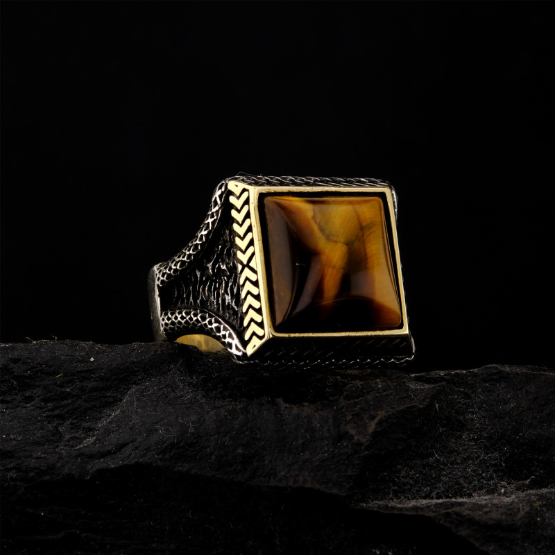 925 Ayar Gümüş Kaplan Gözü Taşlı Başak Desenli Erkek Yüzük