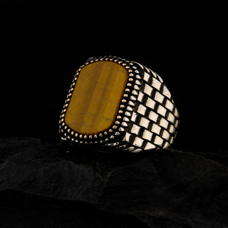 925 Ayar Gümüş Kaplan Gözü Taşlı Saat Kordonu Desenli Erkek Yüzük