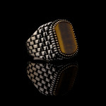 925 Ayar Gümüş Kaplan Gözü Taşlı Saat Kordonu Desenli Erkek Yüzük