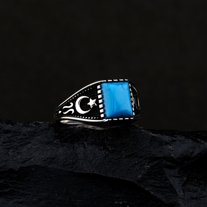 925 K Silver Square Turquoise Stone-set Star and Crescent Engraved Men's Ring