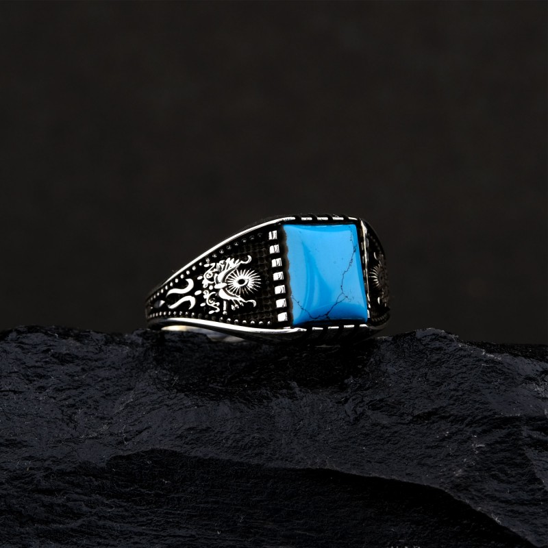 925 K Silver Square Turquoise Ottoman State Coat of Arms Engraved Men's Ring