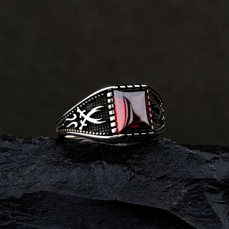 925 K Silver Square Red Stone-set Zülfikar Sword Engraved Men's Ring