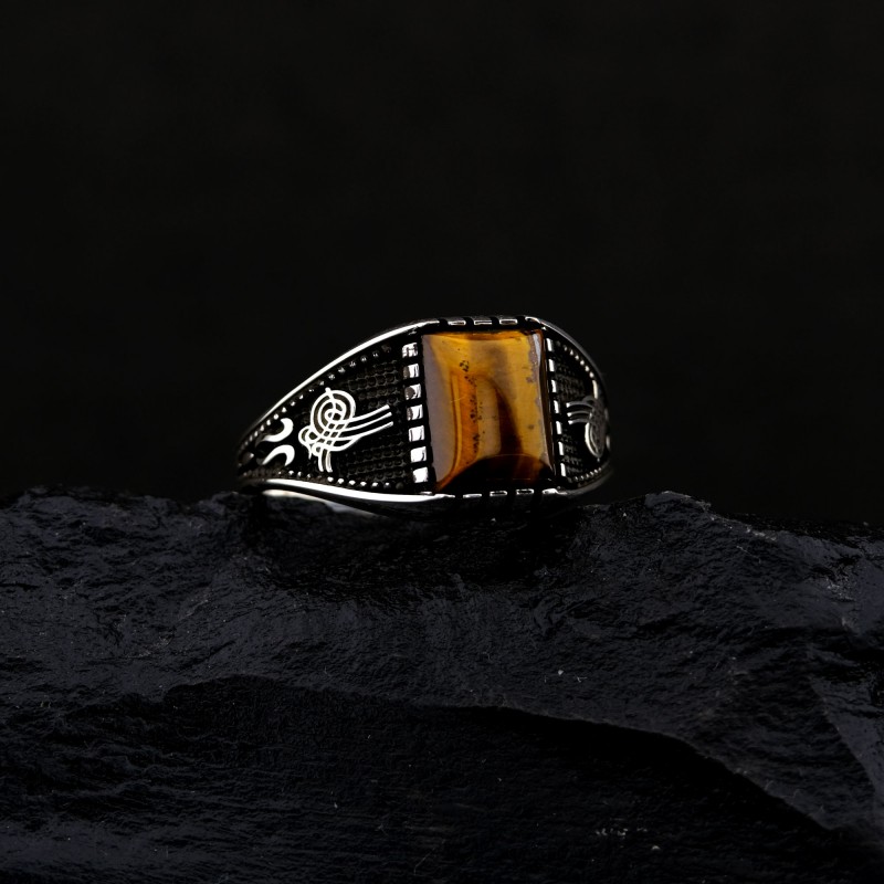 925 K Silver Square Tiger's Eye Stone-set Men's Ring