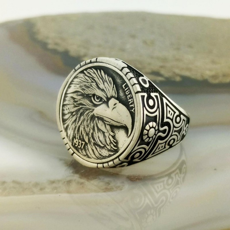 925 K Silver Eagle Kafası Engraved Liberty Men's Ring