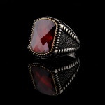 925 Ayar Gümüş Kırmızı Faset Kesim Taşlı Erkek Yüzük | El İşçiliği Özel Tasarım