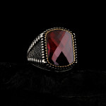 925 Ayar Gümüş Kırmızı Faset Kesim Taşlı Erkek Yüzük | El İşçiliği Özel Tasarım