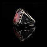 925 Ayar Gümüş Kırmızı Faset Kesim Taşlı Erkek Yüzük | El İşçiliği Özel Tasarım