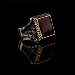 925 Ayar Gümüş Kırmızı Garnet Taşlı Başak Desenli Erkek Yüzük | El İşçiliği Özel Tasarım