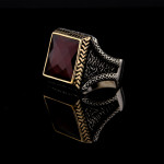 925 Ayar Gümüş Kırmızı Garnet Taşlı Başak Desenli Erkek Yüzük | El İşçiliği Özel Tasarım
