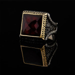 925 Ayar Gümüş Kırmızı Garnet Taşlı Başak Desenli Erkek Yüzük | El İşçiliği Özel Tasarım