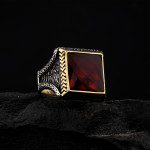 925 Ayar Gümüş Kırmızı Garnet Taşlı Başak Desenli Erkek Yüzük | El İşçiliği Özel Tasarım