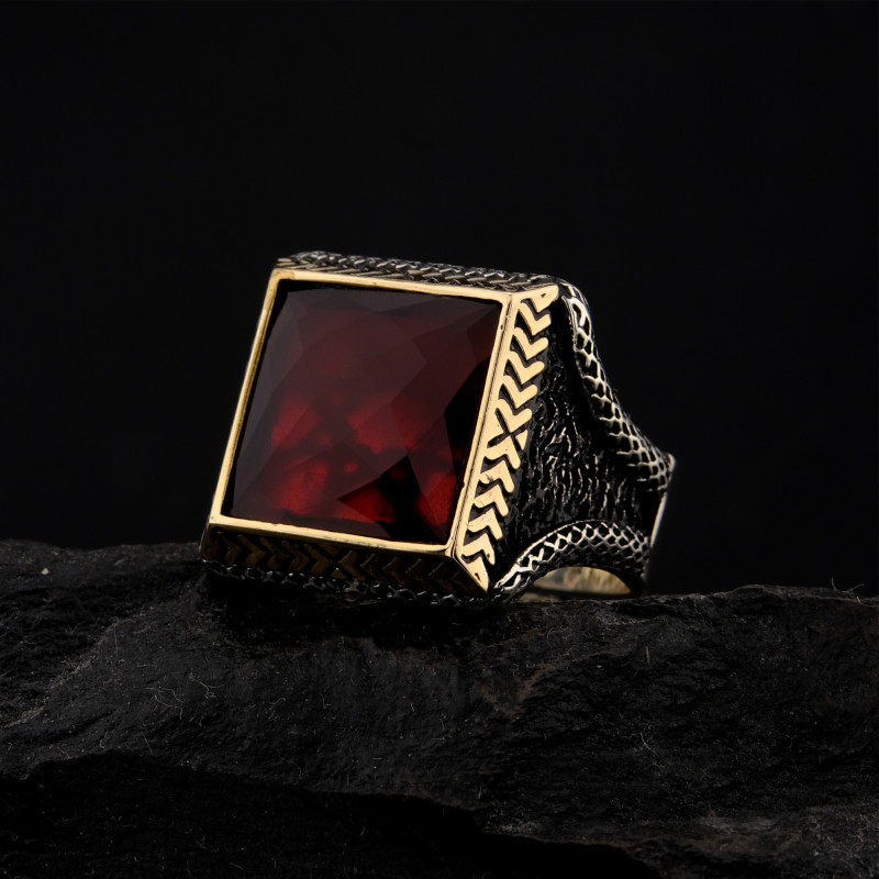 925 Ayar Gümüş Kırmızı Garnet Taşlı Başak Desenli Erkek Yüzük | El İşçiliği Özel Tasarım
