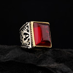 925 Ayar Gümüş Kırmızı Lal Taşlı Erkek Yüzük – Osmanlı Motifli Büyük Tasarım