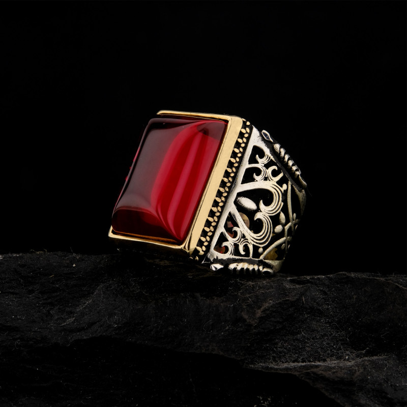 925 Ayar Gümüş Kırmızı Lal Taşlı Erkek Yüzük – Osmanlı Motifli Büyük Tasarım