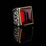 925 Ayar Gümüş Kırmızı Lal Taşlı Erkek Yüzük – Osmanlı Motifli Büyük Tasarım