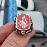 925 Ayar Gümüş Gök Türkçe Türk Yazılı Ay Yıldız ve Osmanlı Tuğrası Çift Taraflı Erkek Yüzük