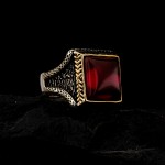 925 Ayar Gümüş Kırmızı Taşlı Başak Desenli Erkek Yüzük