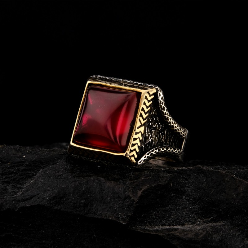 925 Ayar Gümüş Kırmızı Taşlı Başak Desenli Erkek Yüzük