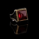 925 Ayar Gümüş Kırmızı Taşlı Başak Desenli Erkek Yüzük