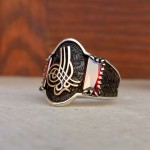 925 Ayar Gümüş Kırmızı Taşlı Osmanlı Tuğrası Erkek Yüzük