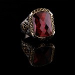 925 Ayar Gümüş Kırmızı Taşlı Ay Yıldız Detaylı Erkek Yüzük