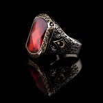 925 Ayar Gümüş Kırmızı Taşlı Ay Yıldız Detaylı Erkek Yüzük