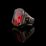 925 Ayar Gümüş Kırmızı Taşlı Ay Yıldız Detaylı Erkek Yüzük