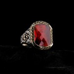 925 Ayar Gümüş Kırmızı Taşlı Ay Yıldız Detaylı Erkek Yüzük