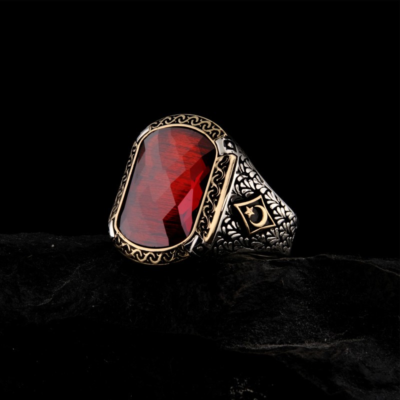 925 Ayar Gümüş Kırmızı Taşlı Ay Yıldız Detaylı Erkek Yüzük