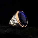 925 Ayar Gümüş Mavi Kaplan Gözü Taşlı Duvar Desenli Erkek Yüzük