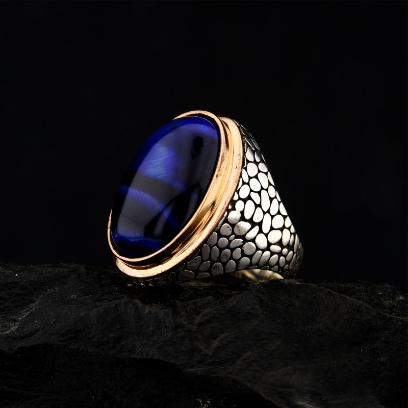 925 Ayar Gümüş Mavi Kaplan Gözü Taşlı Duvar Desenli Erkek Yüzük