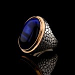 925 Ayar Gümüş Mavi Kaplan Gözü Taşlı Duvar Desenli Erkek Yüzük