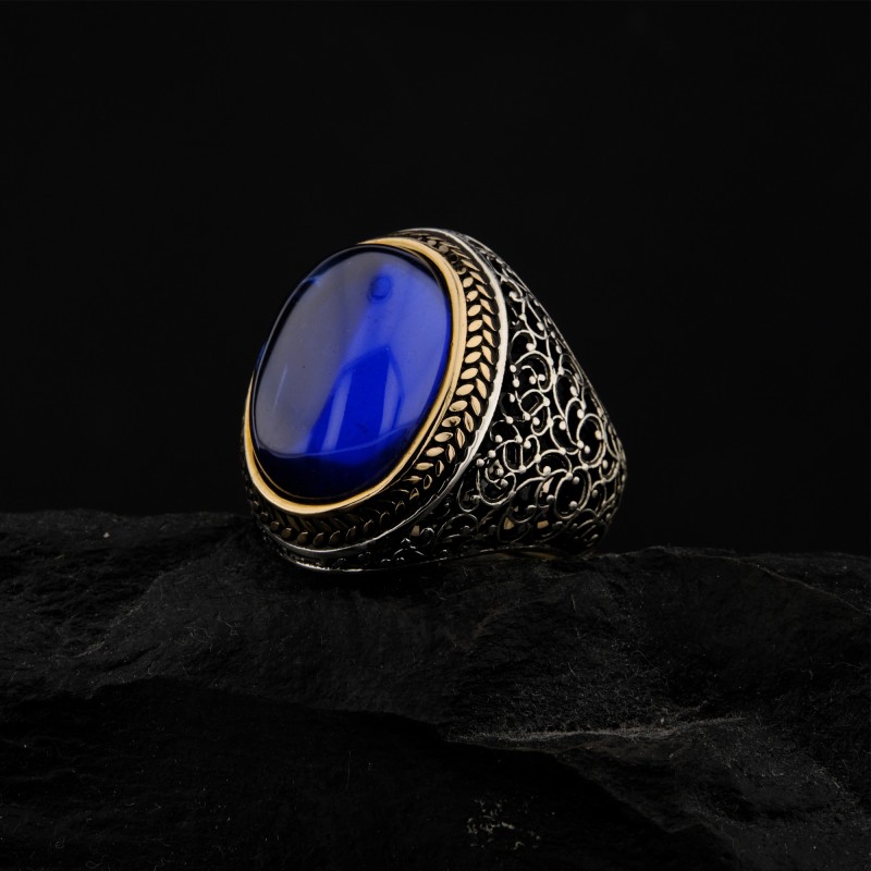 925 Ayar Gümüş Mavi Zirkon Taşlı Başak Desenli Erkek Yüzük