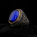 925 Ayar Gümüş Mavi Zirkon Taşlı Başak Desenli Erkek Yüzük