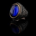 925 Ayar Gümüş Mavi Zirkon Taşlı Başak Desenli Erkek Yüzük