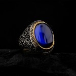 925 Ayar Gümüş Mavi Zirkon Taşlı Başak Desenli Erkek Yüzük