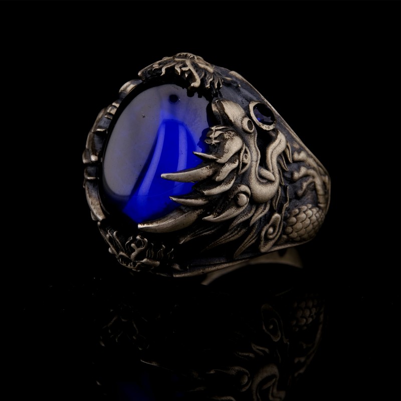 925 Ayar Gümüş Mavi Zirkon Taşlı Ejderha Figürlü Erkek Yüzük