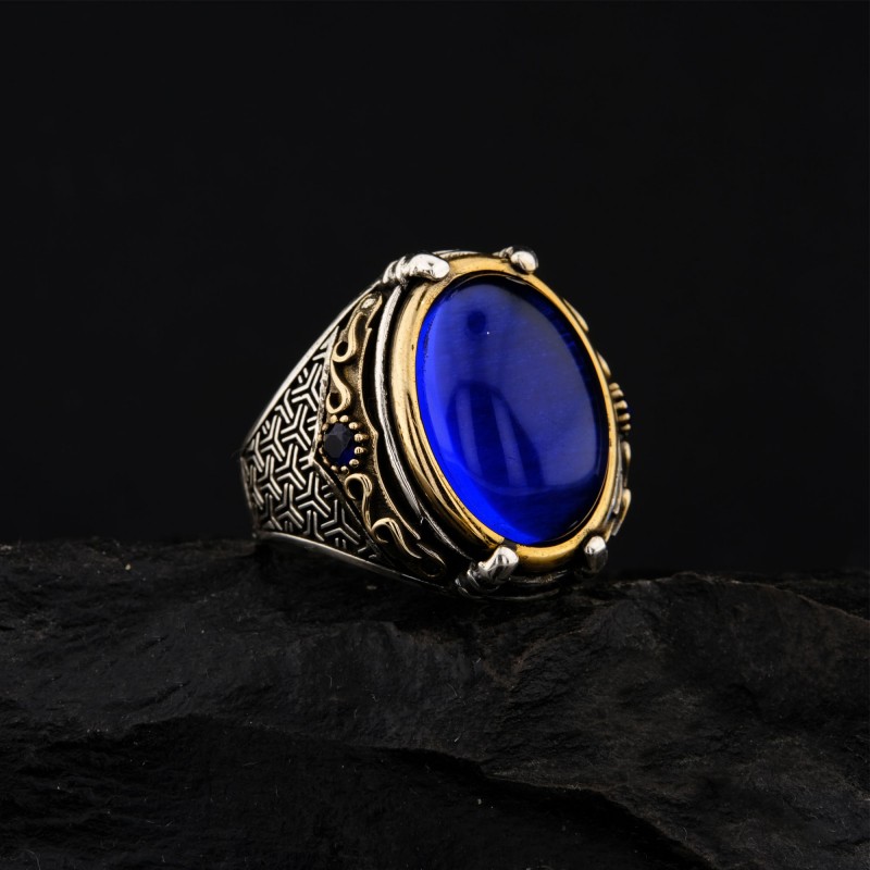 925 Ayar Gümüş Mavi Zirkon Taşlı Kartal Pençesi Detaylı Erkek Yüzük