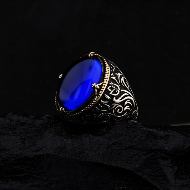 925 Ayar Gümüş Mavi Zirkon Taşlı Lale Motifli Erkek Yüzük