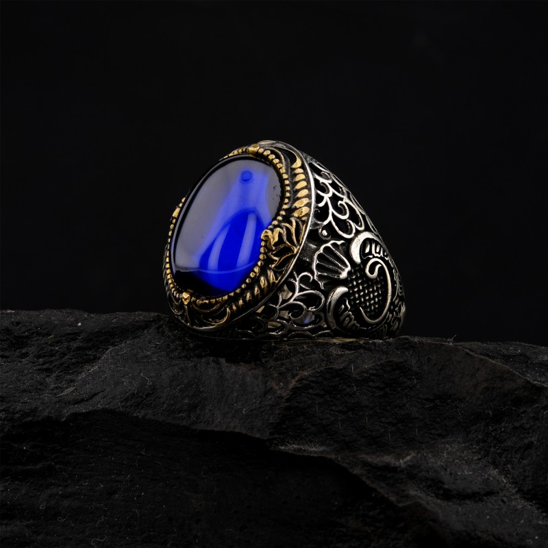 925 Ayar Gümüş Mavi Zirkon Taşlı Vav Desenli Erkek Yüzük