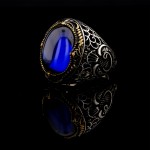 925 Ayar Gümüş Mavi Zirkon Taşlı Vav Desenli Erkek Yüzük