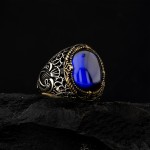 925 Ayar Gümüş Mavi Zirkon Taşlı Vav Desenli Erkek Yüzük