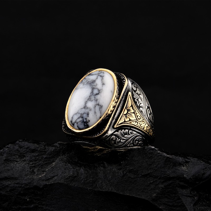 925 Ayar Gümüş Mermer Desenli Beyaz Taşlı Erkek Yüzük – Özel Tasarım Vintage Model