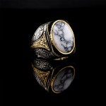 925 Ayar Gümüş Mermer Desenli Beyaz Taşlı Erkek Yüzük – Özel Tasarım Vintage Model