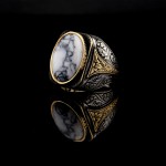 925 Ayar Gümüş Mermer Desenli Beyaz Taşlı Erkek Yüzük – Özel Tasarım Vintage Model