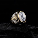 925 Ayar Gümüş Mermer Desenli Beyaz Taşlı Erkek Yüzük – Özel Tasarım Vintage Model